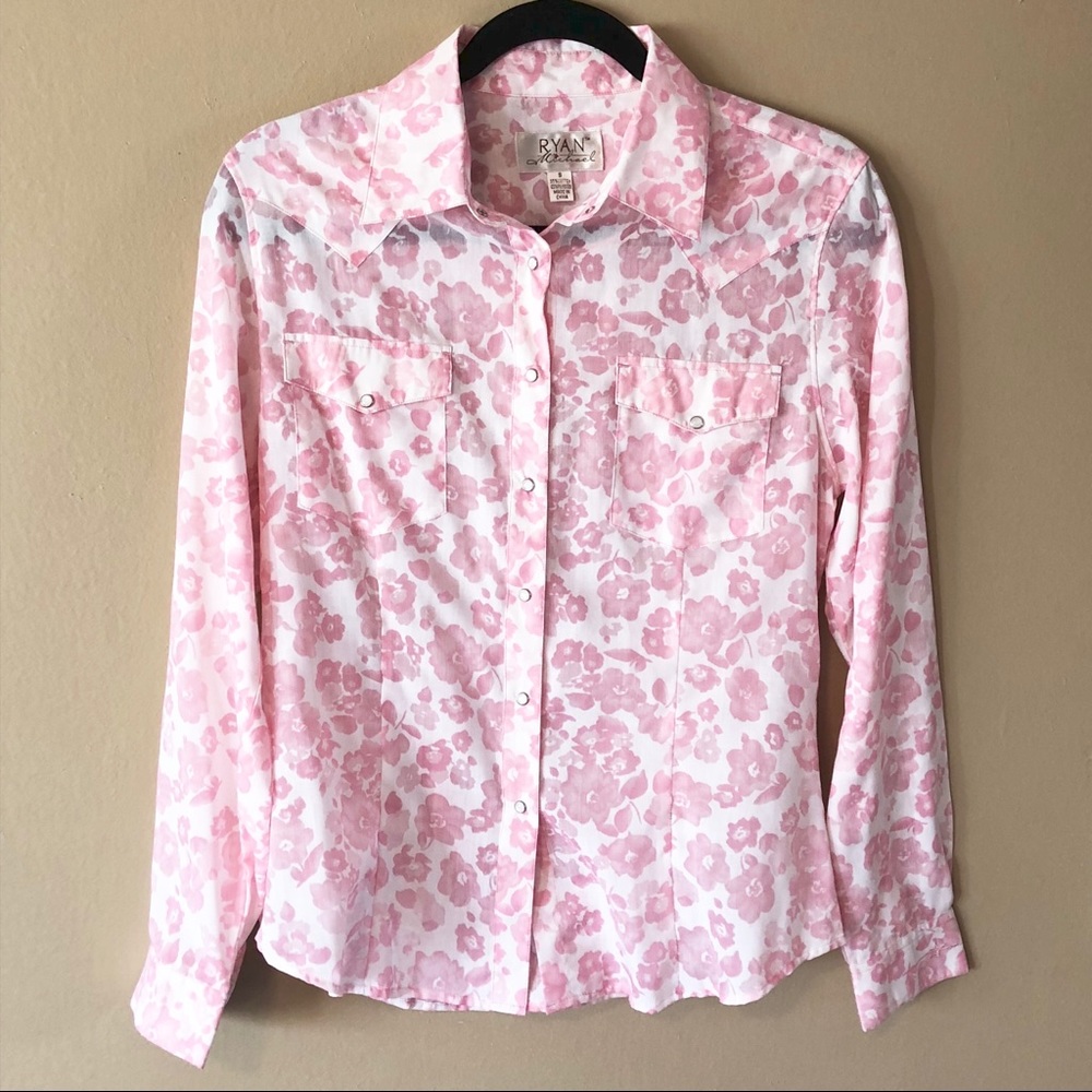 Ryan Michael pink floral long slv western blouse